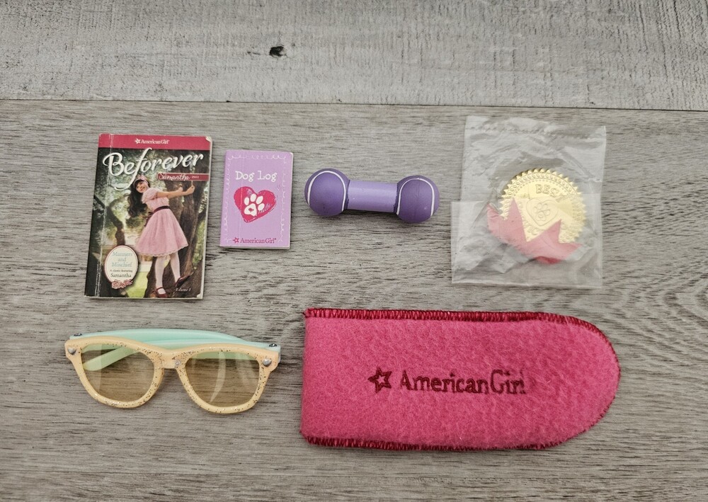 LOT of American Girl Pet Dog Accessories Magnetic Bone Show Ribbon Books +